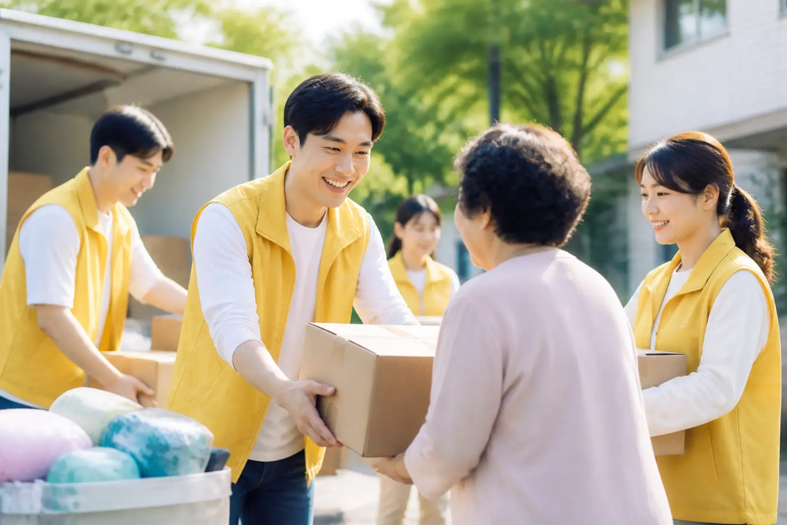 노란 조끼의 봉사자가 이웃에게 상자를 전달하는 모습